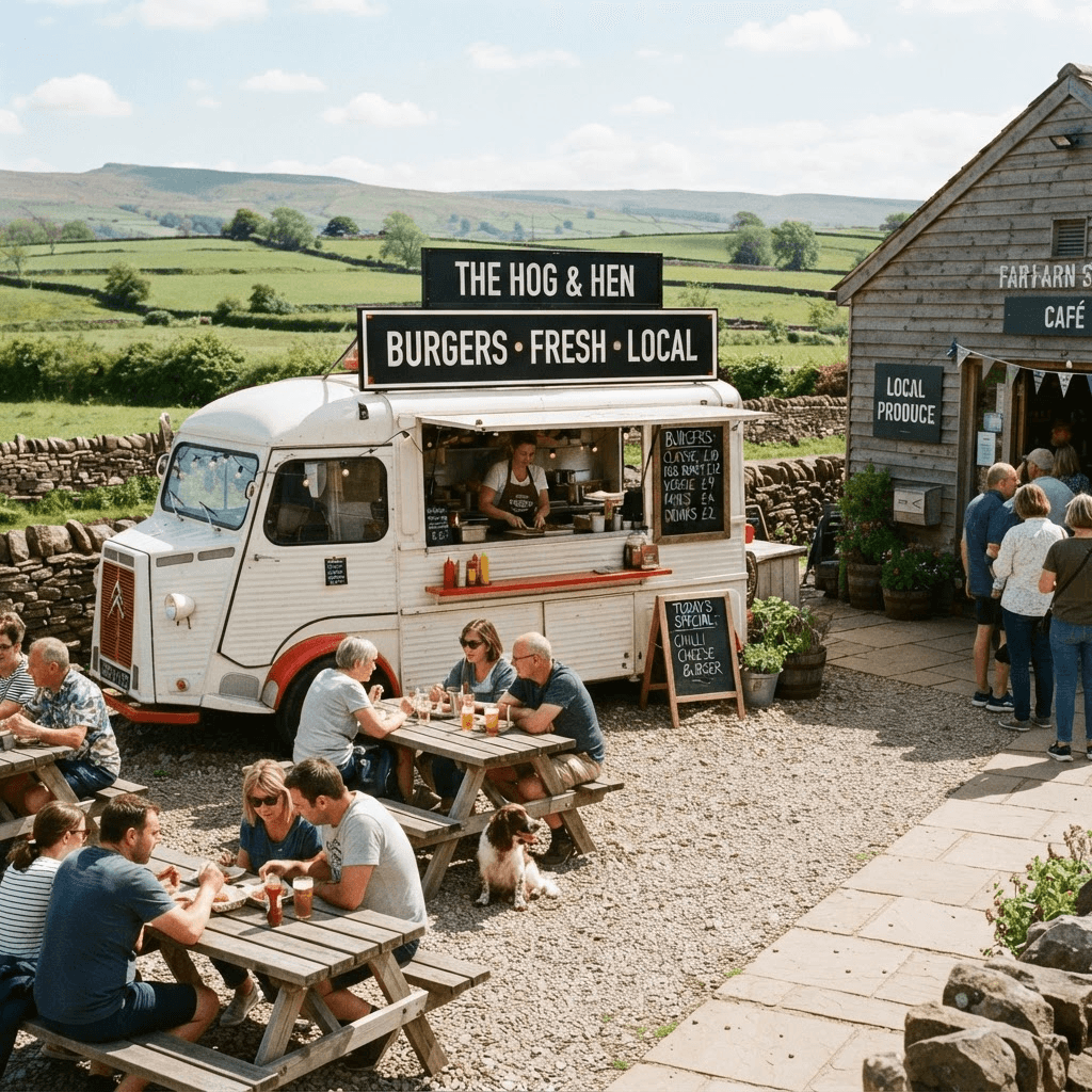 The On The Bun white burger van at a sunny rural farm shop